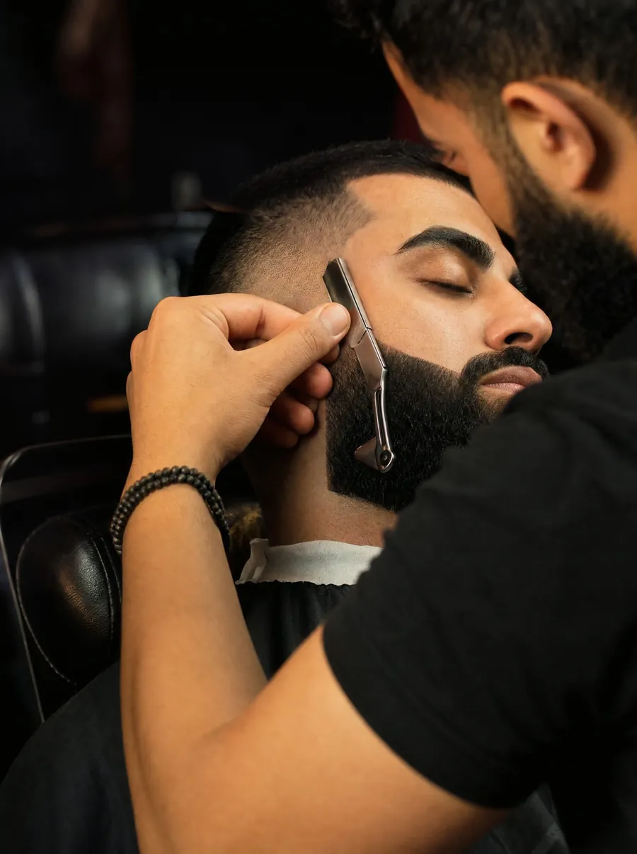 A beard being lined up at No.7 Barber Lounge